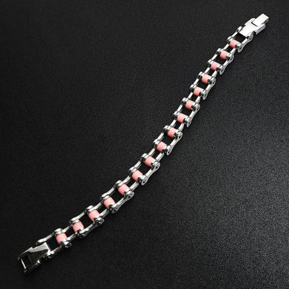 Stainless Steel And Pink Bike Chain Bracelet