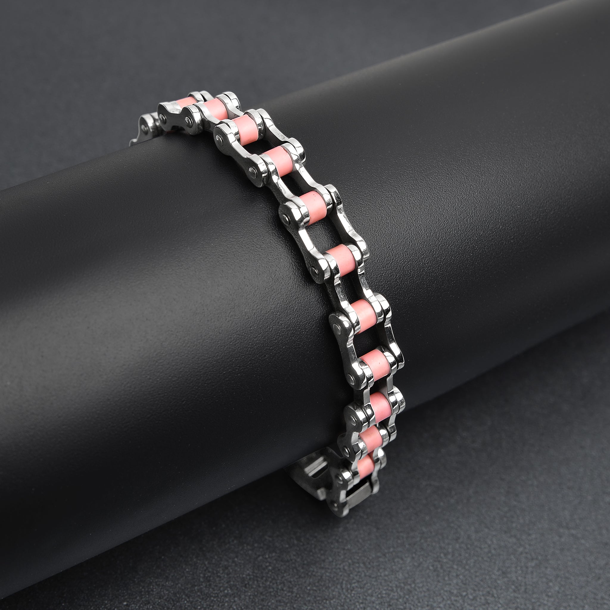 Stainless Steel And Pink Bike Chain Bracelet