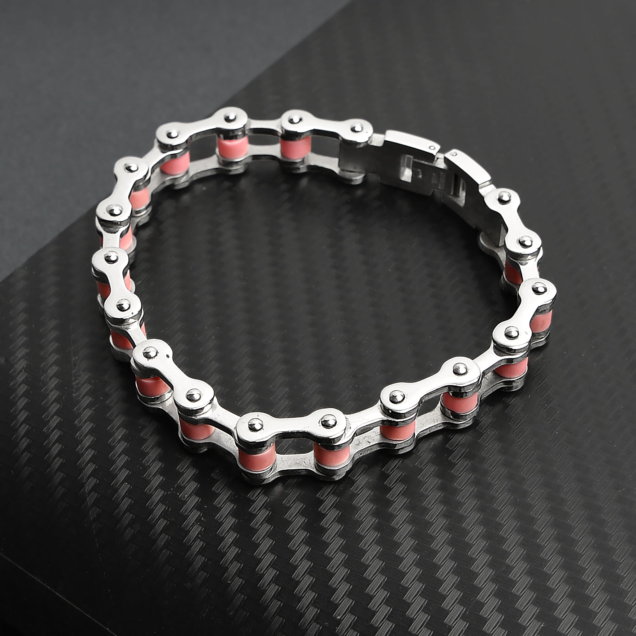 Stainless Steel And Pink Bike Chain Bracelet