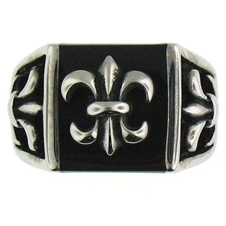 Stainless Steel Polished Black Fleur De Lis Signet Ring