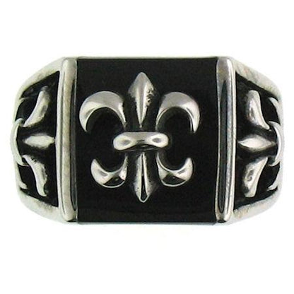 Stainless Steel Polished Black Fleur De Lis Signet Ring