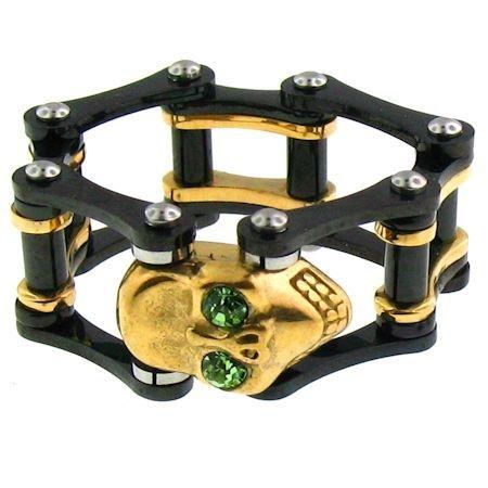 Green CZ Eyed 18K Gold PVD Coated Skull Black Bike Chain Stainless Steel Ring