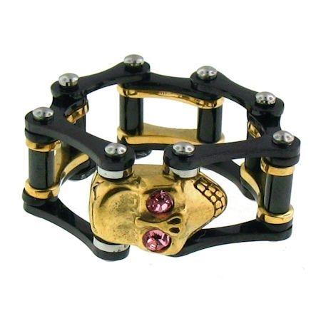 Pink CZ Eyed 18K Gold PVD Coated Skull Black Bike Chain Stainless Steel Ring