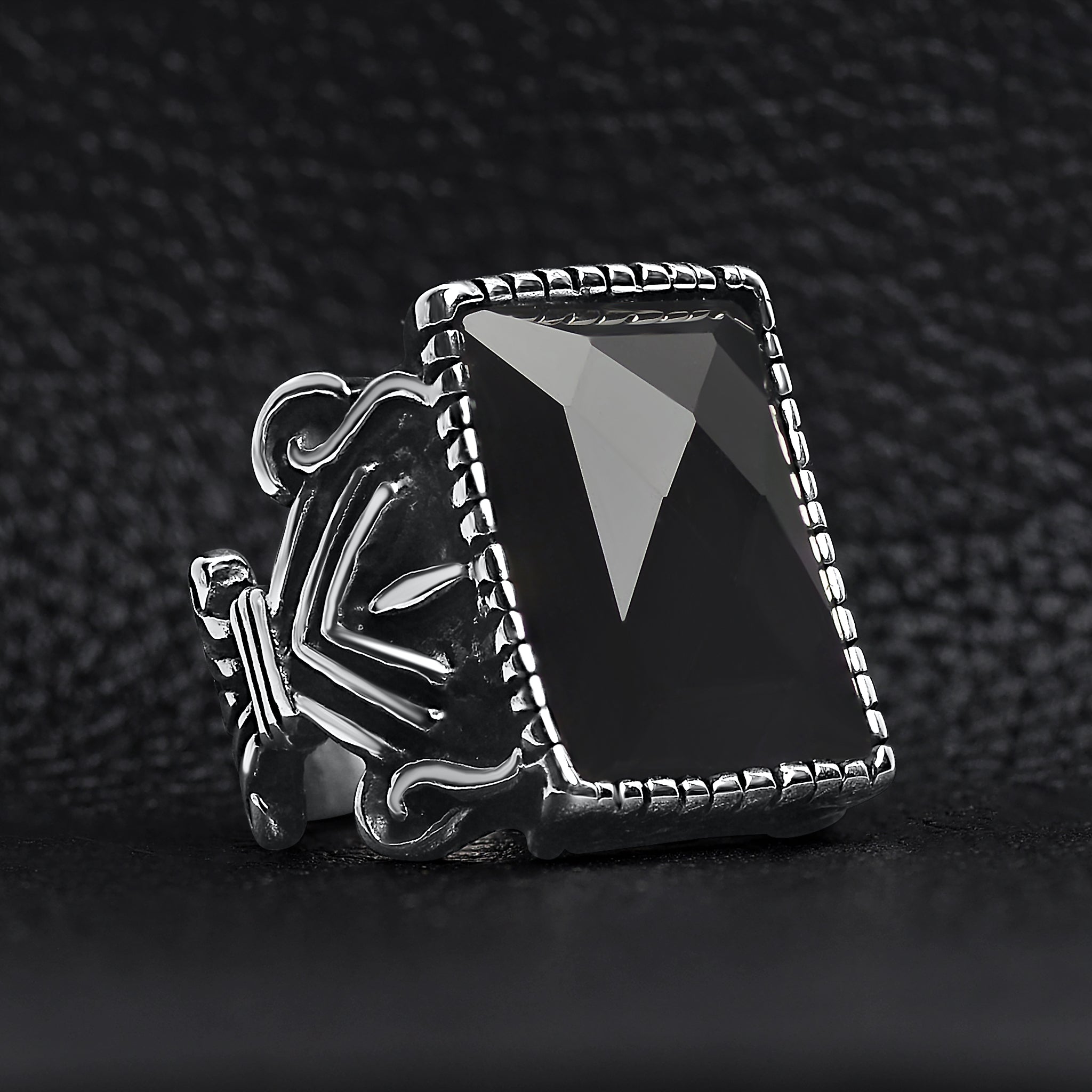 Detailed Center Black Stone Stainless Steel Ring