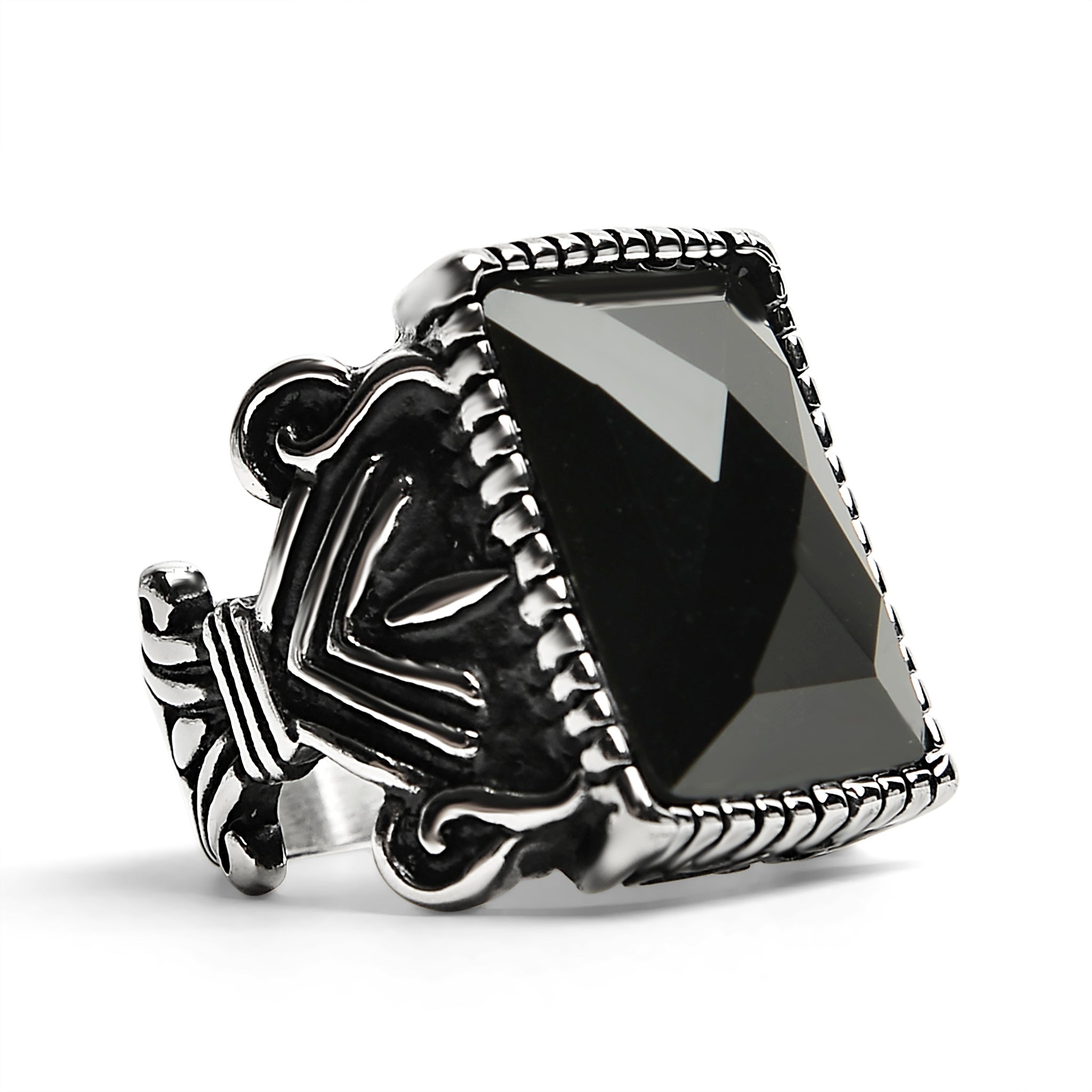 Detailed Center Black Stone Stainless Steel Ring