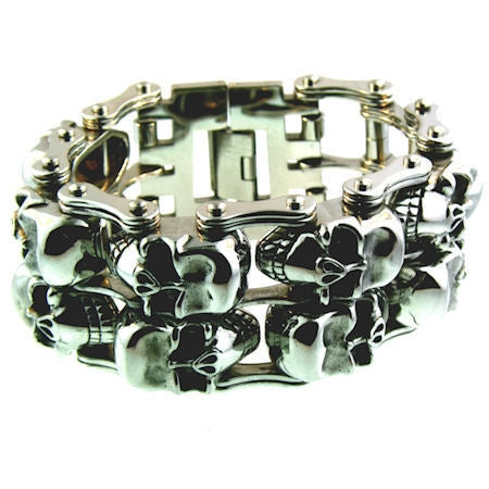 Stainless Steel Double Skulls Alternating Bike Chain Bracelet