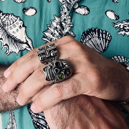 Detailed skull with Green CZ Eye Stone Stainless Steel Ring