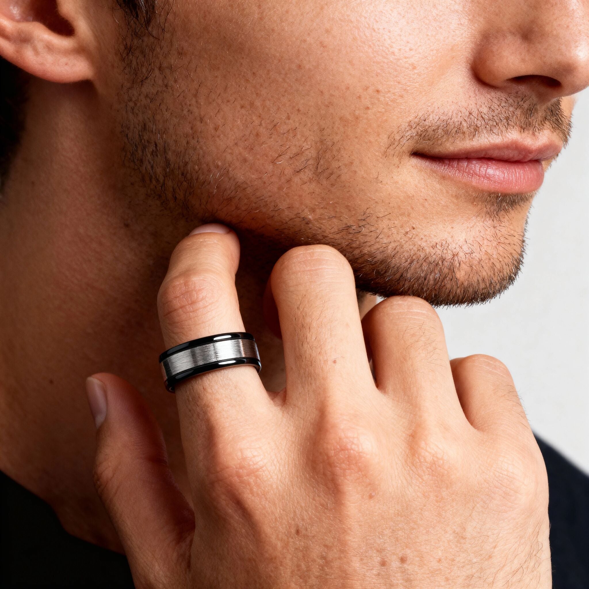 Stainless Steel Black Trim Brushed Center Blank Ring