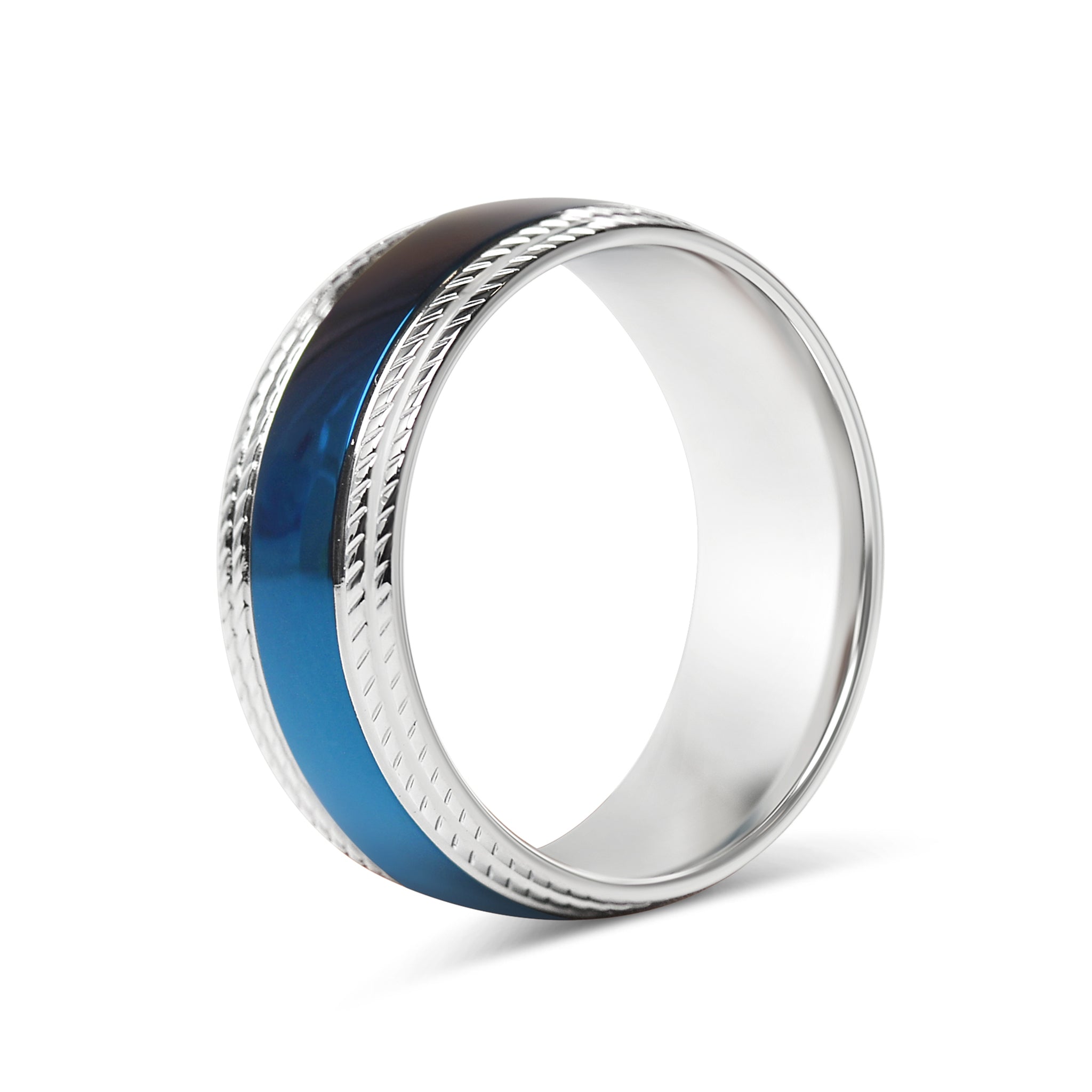 Stainless Steel Blue Center With Lined Patterned Edge Ring