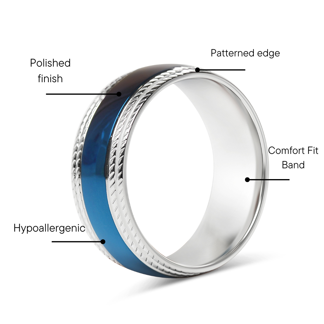 Stainless Steel Blue Center With Lined Patterned Edge Ring