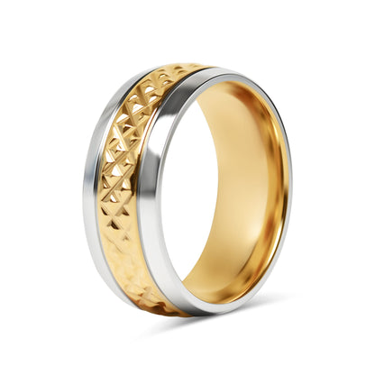 18K Gold PVD Stainless Steel Diamond Pattern Inlay with Polished Trim Ring