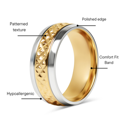 18K Gold PVD Stainless Steel Diamond Pattern Inlay with Polished Trim Ring