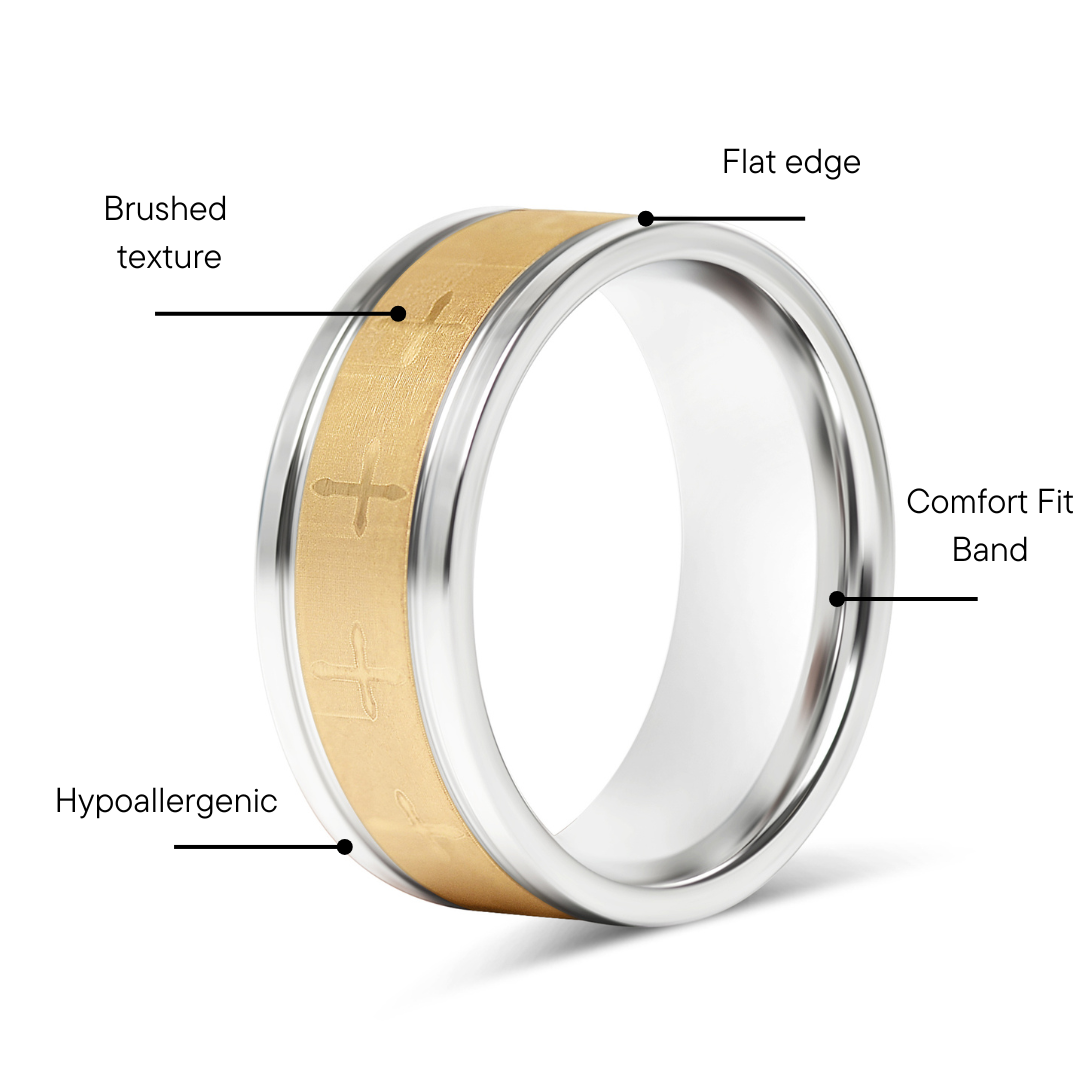 18K Gold PVD Stainless Steel Cross Pattern Ring