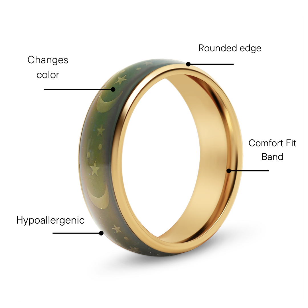 18K Gold PVD Stainless Steel Mood Band With Stars And Moons Ring