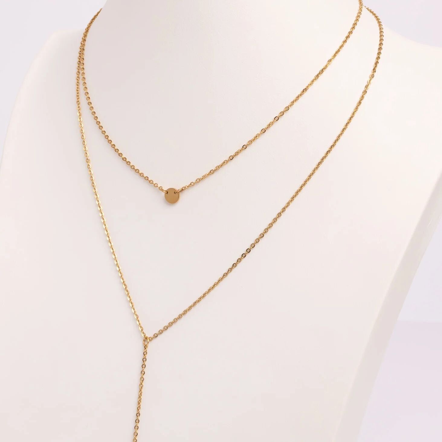18K Gold PVD Stainless Steel Circle and Satellite Layered Chain Necklace
