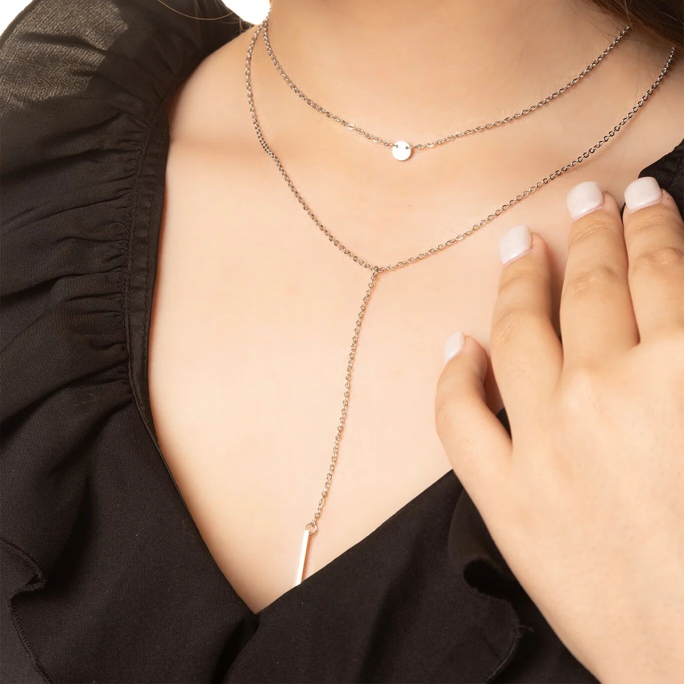18K Gold PVD Stainless Steel Circle and Satellite Layered Chain Necklace