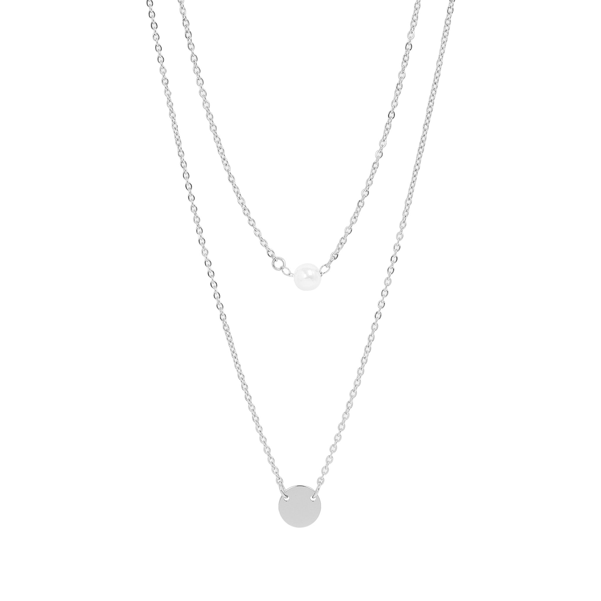 18K Gold PVD Stainless Steel Pearl and Blank Disk Layered Charm Necklace
