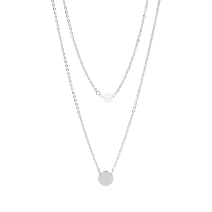 18K Gold PVD Stainless Steel Pearl and Blank Disk Layered Charm Necklace