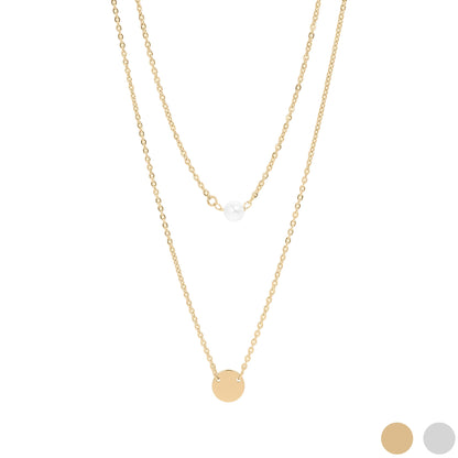 18K Gold PVD Stainless Steel Pearl and Blank Disk Layered Charm Necklace