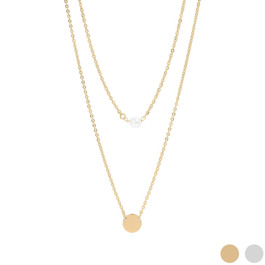 18K Gold PVD Stainless Steel Pearl and Blank Disk Layered Charm Necklace