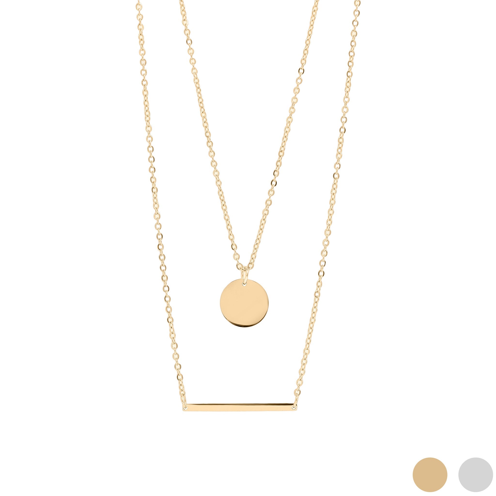 18K Gold PVD Stainless Steel Circle and Bar Layered Chain Blank Necklace