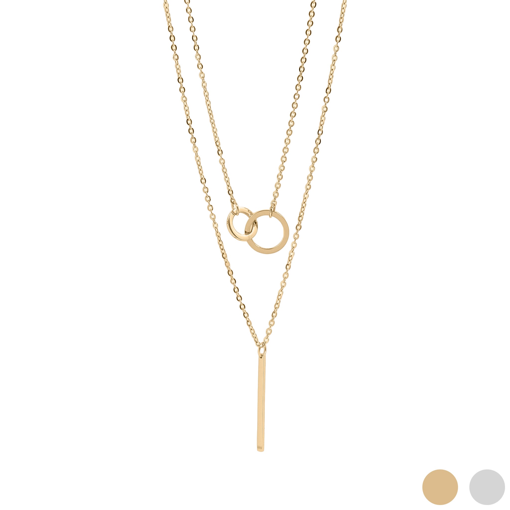18K Gold PVD Stainless Steel Interlocked Circle and Bar Layered Charm Necklace