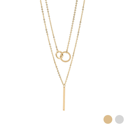 18K Gold PVD Stainless Steel Interlocked Circle and Bar Layered Charm Necklace