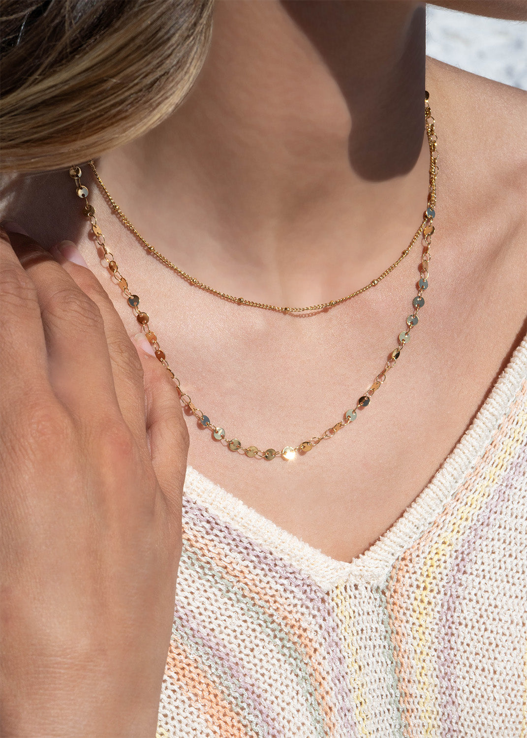 18K Gold PVD Stainless Steel Circle & Satellite Chain Layered Necklace