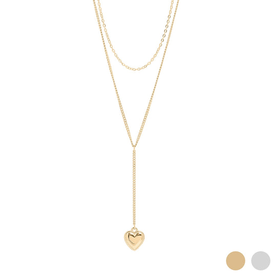 18K Gold PVD Stainless Steel Layered Lariat Heart Charm Necklace