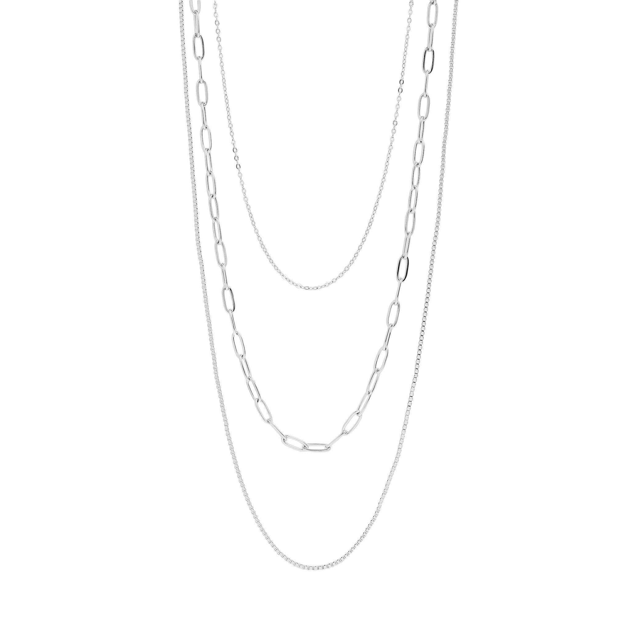 18K Gold PVD Stainless Steel Loop, Box, and Paperclip Layered Chain Necklace