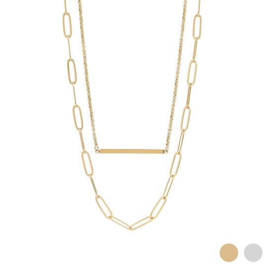 18K Gold PVD Stainless Steel Paperclip Layered Blank Bar Necklace