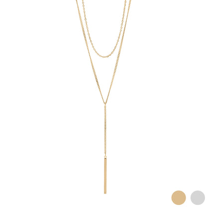 18K Gold PVD Stainless Steel Y-Shaped Bar Pendant Layered Lariat Necklace