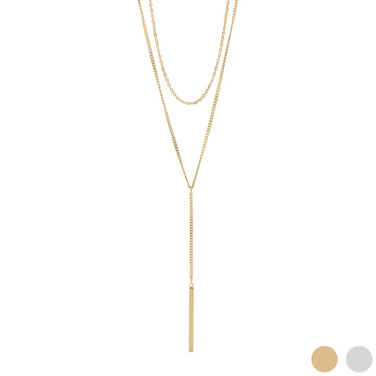 18K Gold PVD Stainless Steel Y-Shaped Bar Pendant Layered Lariat Necklace