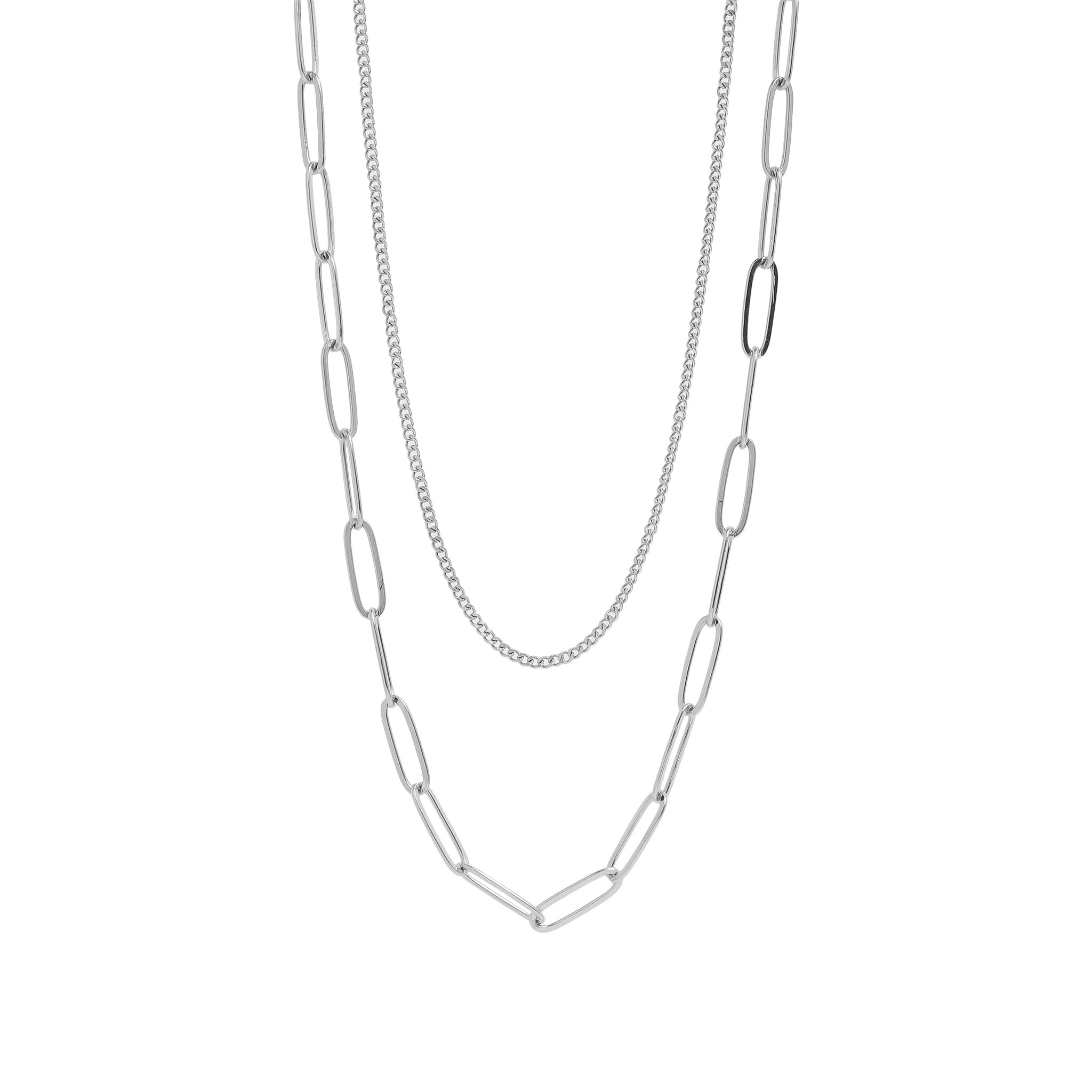 18K Gold PVD Stainless Steel Dainty Curb and Paperclip Layered Chain Necklace