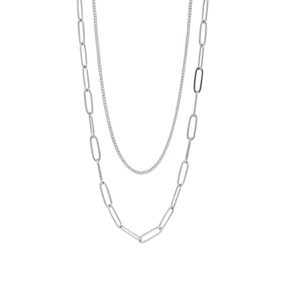 18K Gold PVD Stainless Steel Dainty Curb and Paperclip Layered Chain Necklace
