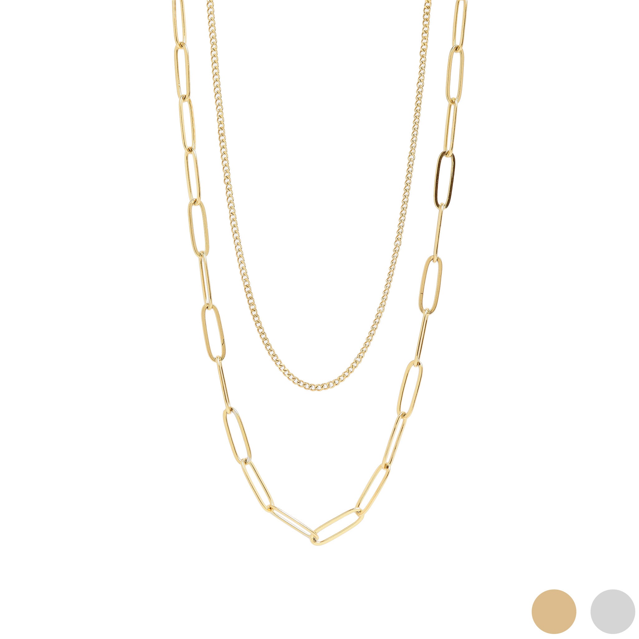 18K Gold PVD Stainless Steel Dainty Curb and Paperclip Layered Chain Necklace