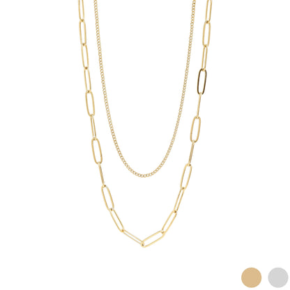 18K Gold PVD Stainless Steel Dainty Curb and Paperclip Layered Chain Necklace
