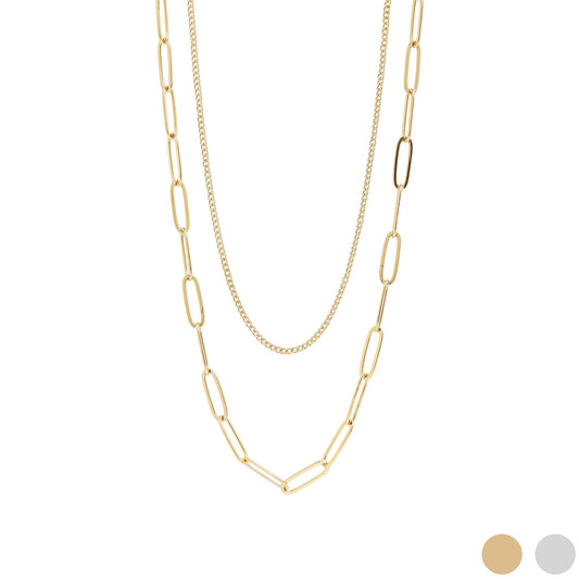 18K Gold PVD Stainless Steel Dainty Curb and Paperclip Layered Chain Necklace