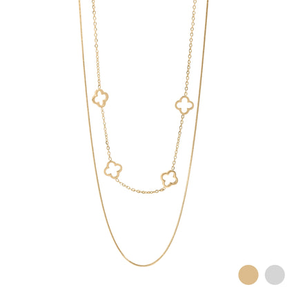 18K Gold PVD Stainless Steel Layered Clover Charm Necklace