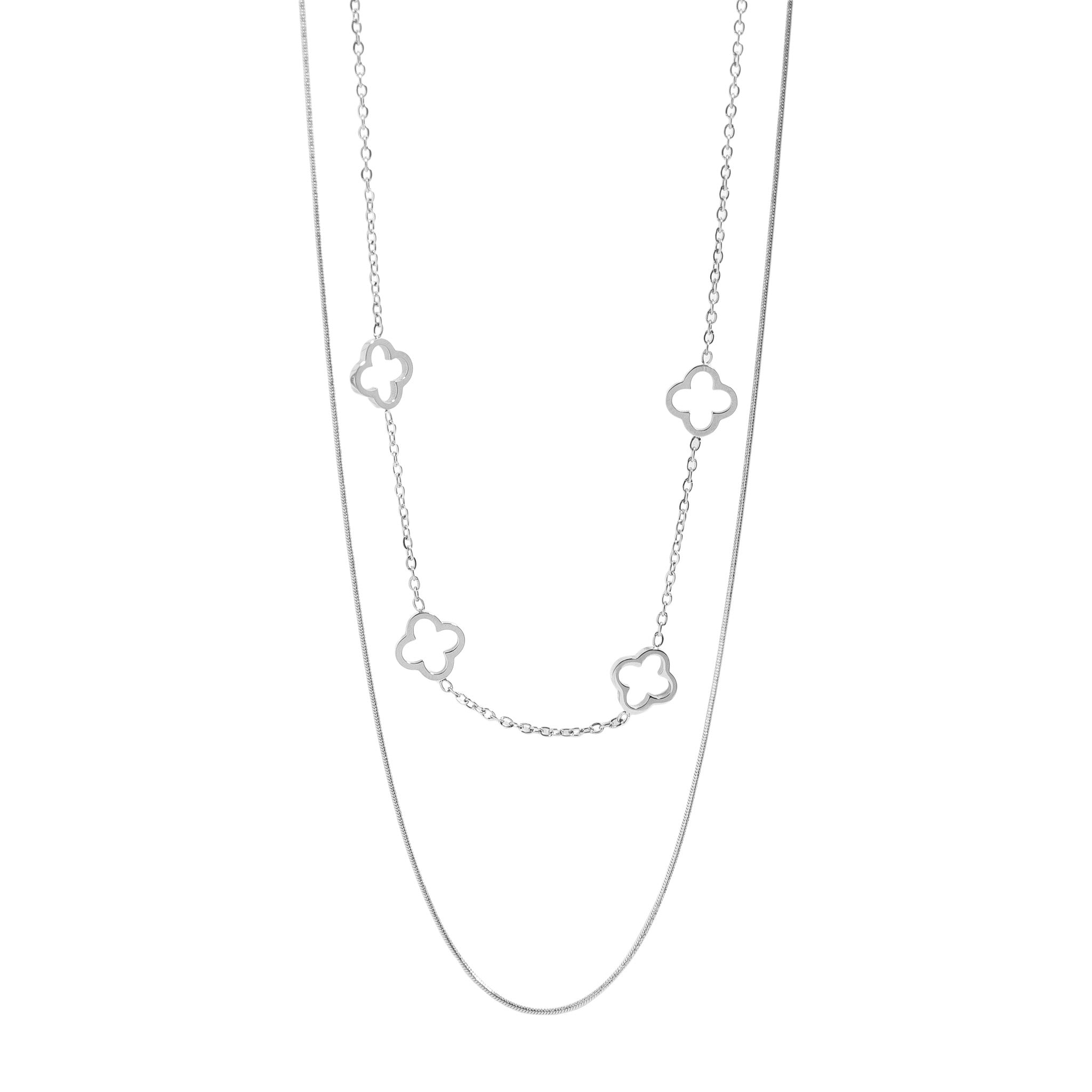 18K Gold PVD Stainless Steel Layered Clover Charm Necklace