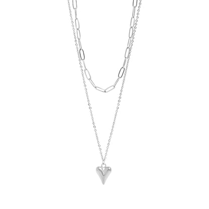 18K Gold PVD Stainless Steel Loop and Paperclip Layered Chain Heart Charm Necklace