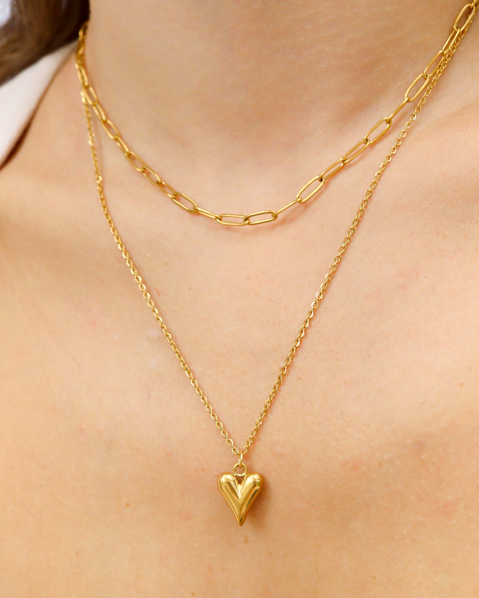 18K Gold PVD Stainless Steel Loop and Paperclip Layered Chain Heart Charm Necklace