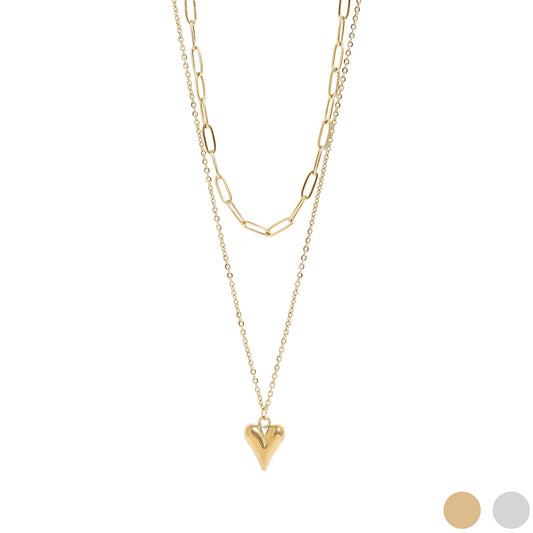 18K Gold PVD Stainless Steel Loop and Paperclip Layered Chain Heart Charm Necklace