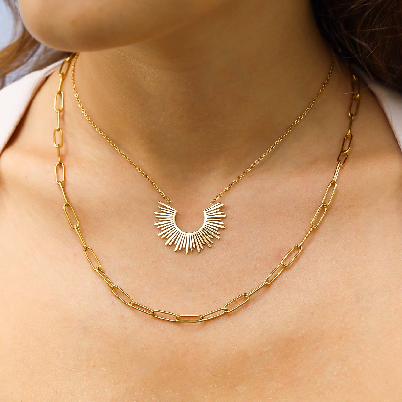 18K Gold PVD Layered Paperclip and Loop Chain Charm Necklace
