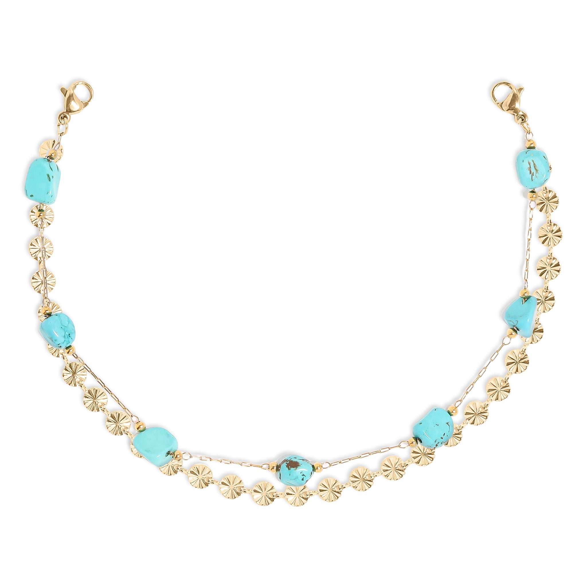 18K Gold PVD Stainless Steel Crimped Oval & Turquoise Stone Layered Trucker Hat Chain