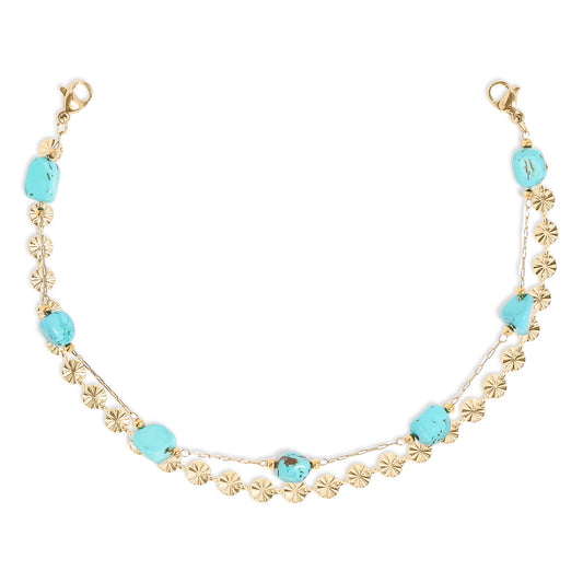 18K Gold PVD Stainless Steel Crimped Oval & Turquoise Stone Layered Trucker Hat Chain