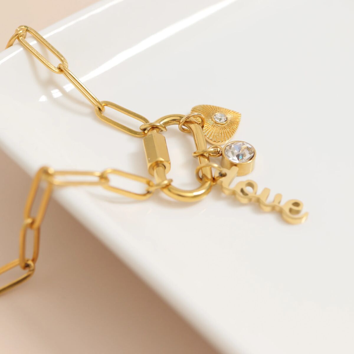 18K Gold PVD Stainless Steel Carabiner Love Charm Paperclip Necklace