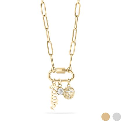 18K Gold PVD Stainless Steel Carabiner Faith Charm Paperclip Necklace