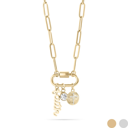 18K Gold PVD Stainless Steel Carabiner Faith Charm Paperclip Necklace