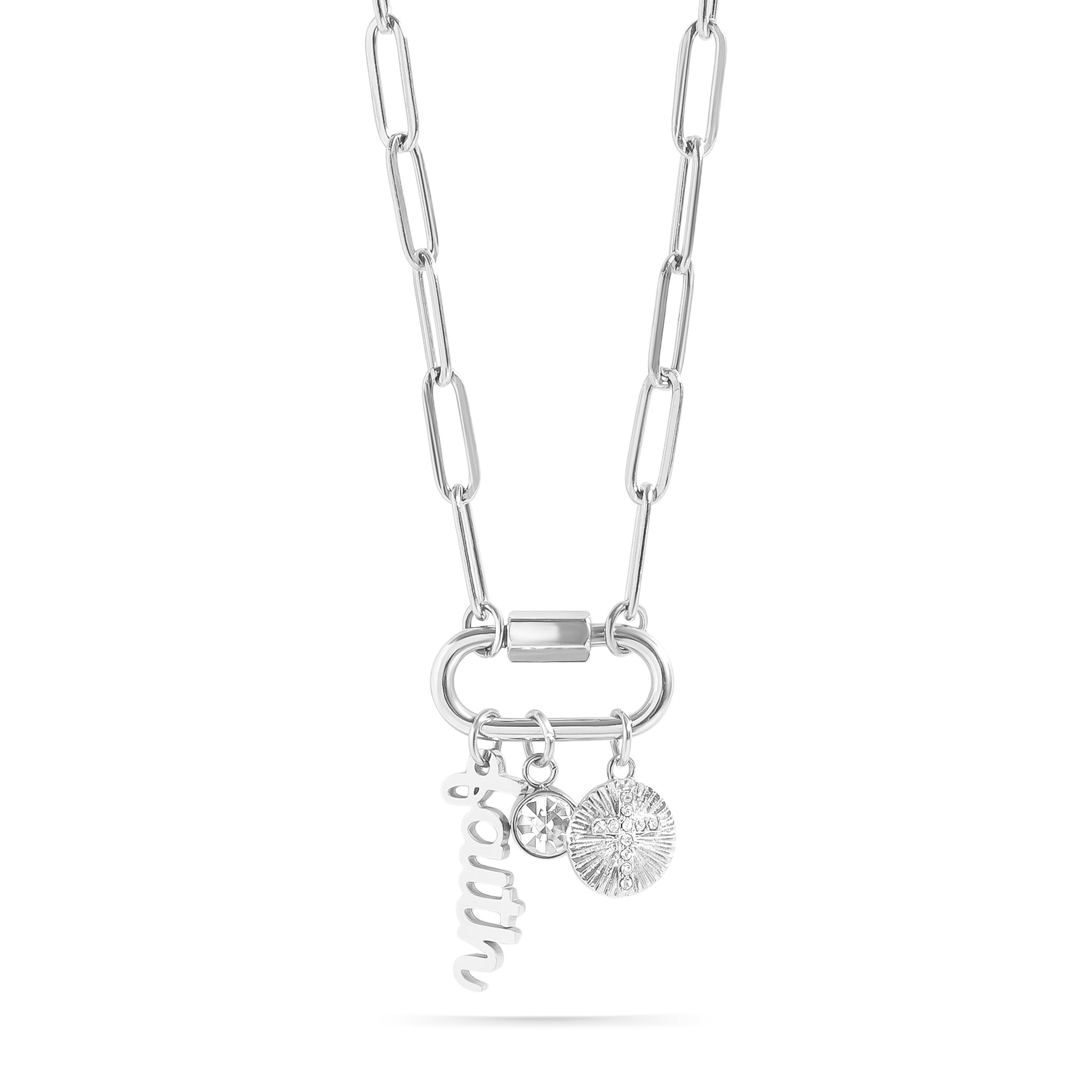 18K Gold PVD Stainless Steel Carabiner Faith Charm Paperclip Necklace